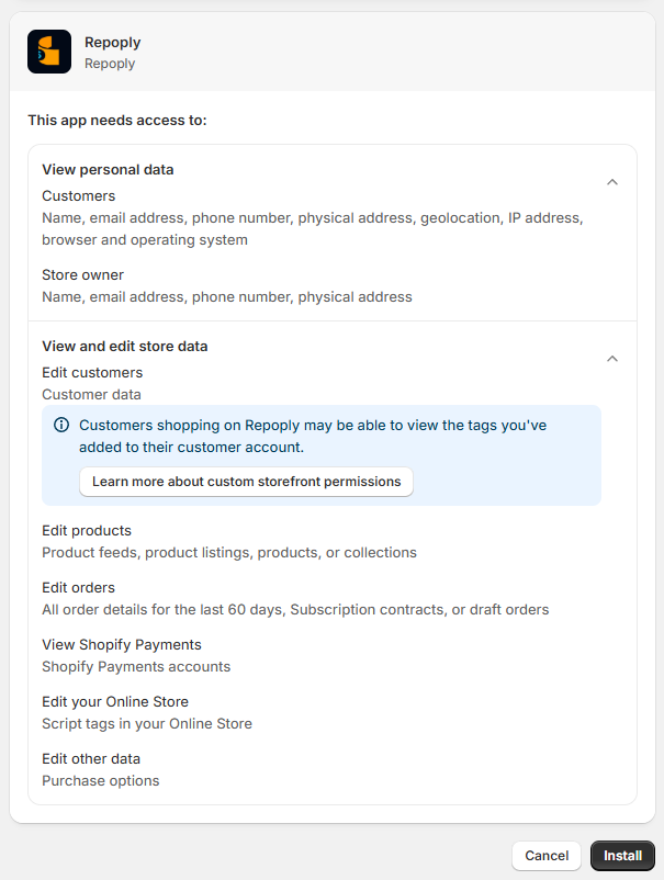 Shopify App Store search results for Repoply showing 9 apps with Reporty as the first result