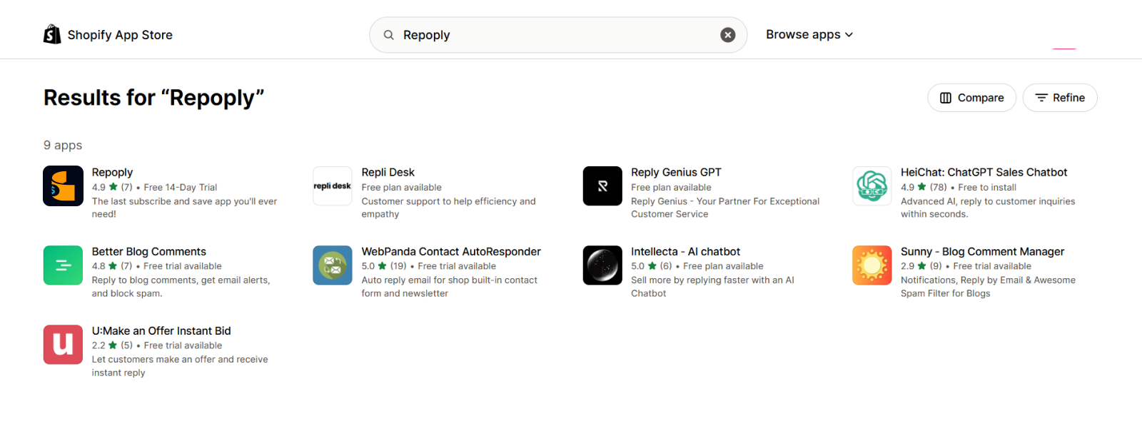 Shopify App Store search results for Repoply showing 9 apps with Reporty as the first result