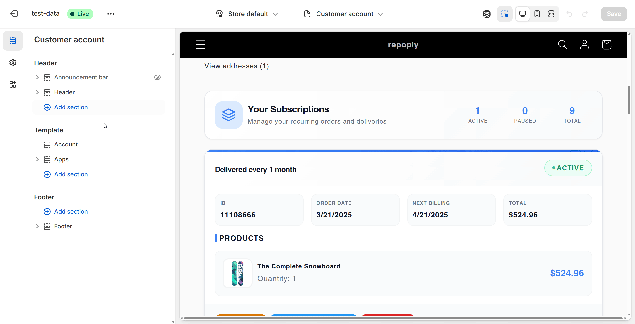 Account subscriptions customization panel