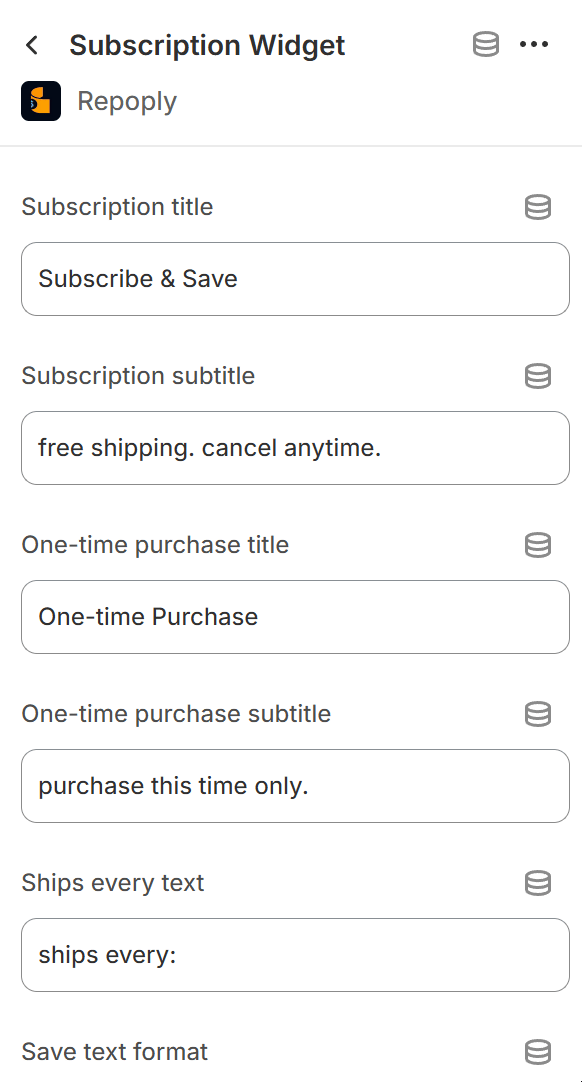 Subscription widget customization panel