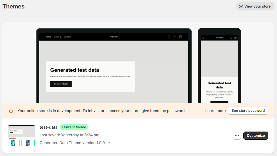 Shopify admin themes page with customize button